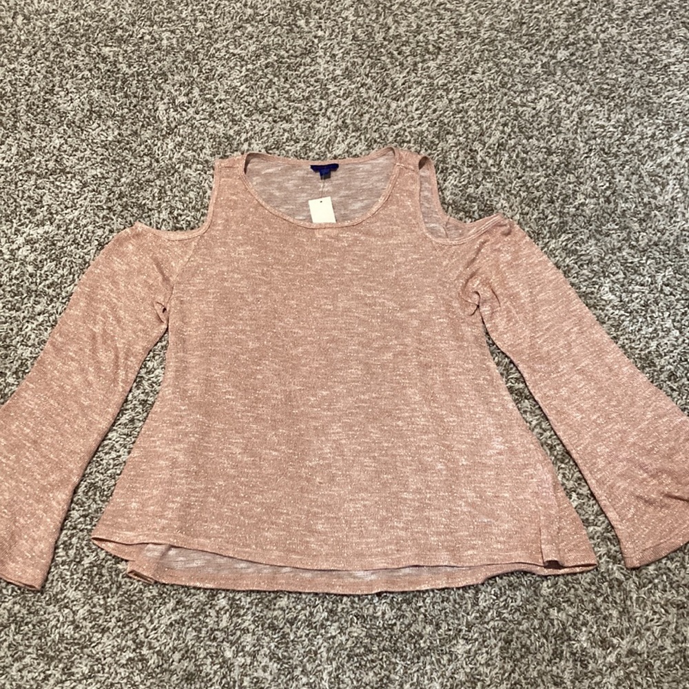 Blush Shimmering Open Shoulder Long Sleeve Top
